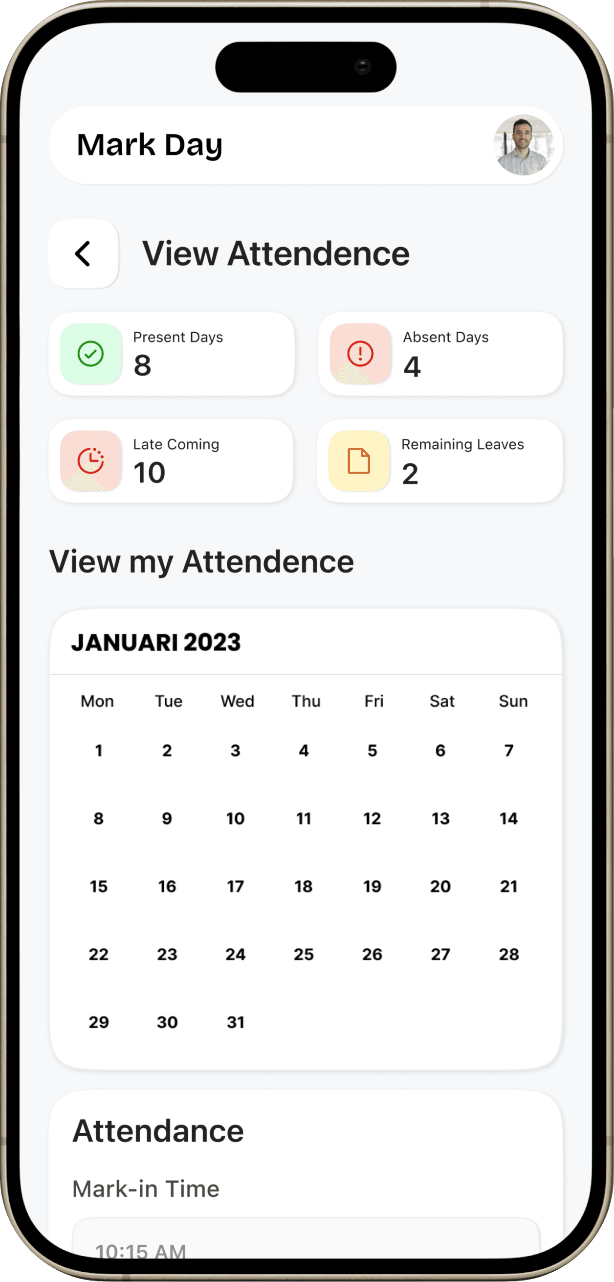Mark Day attendance calendar screen